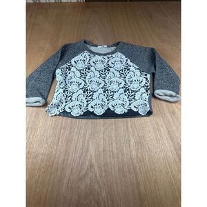 Papaya Lace Front Sweatshirt Gray White Raglan 3/4 Sleeve Womens S Crop